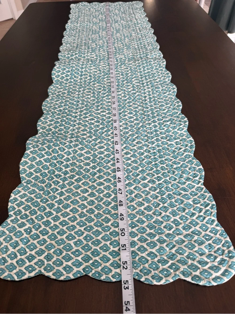 Reversible Quilted Blue Paisley Table Runner Scalloped Edge 14x52